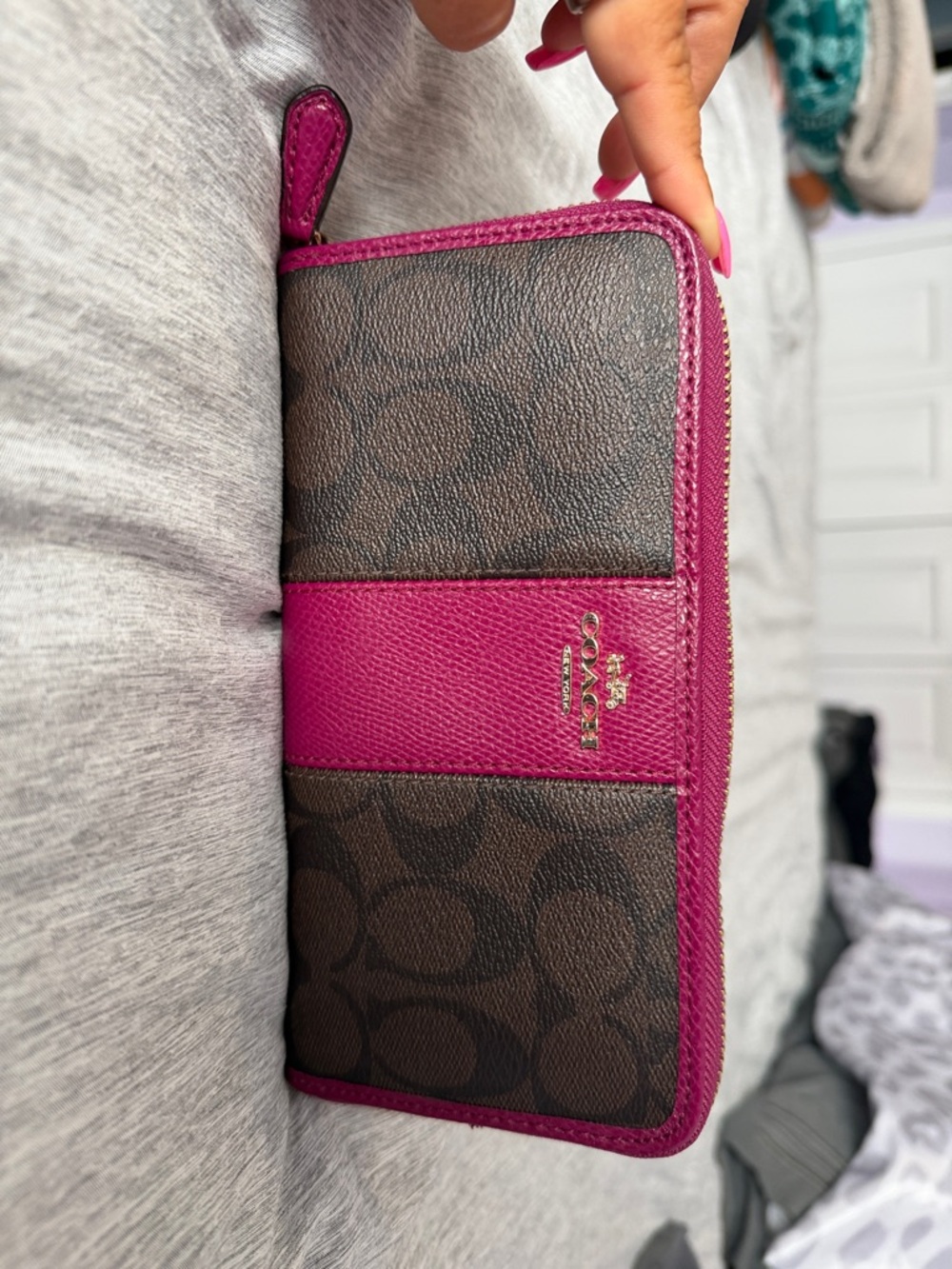 Coach Brown Signature Zip Wallet with Fuchsia Trim